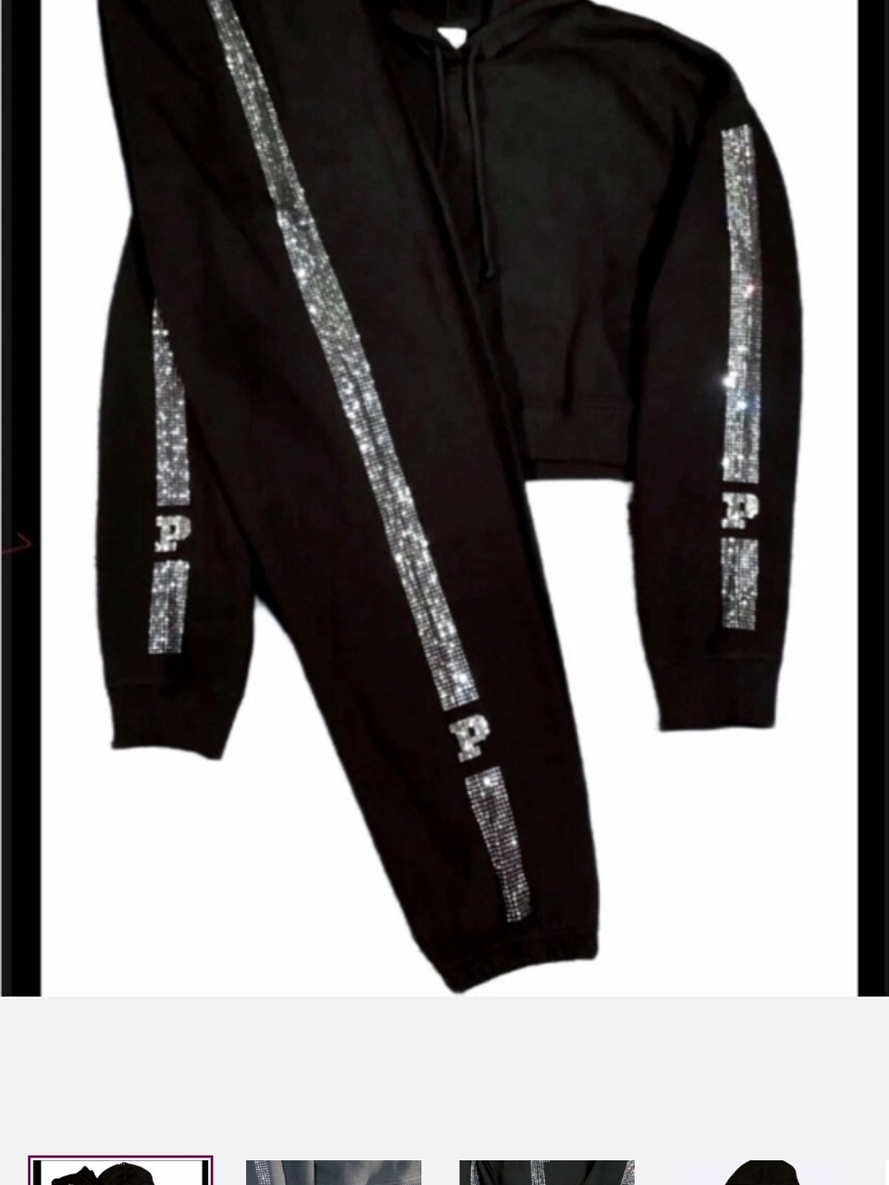 Black Cropped Hoodie & Jogger Set with Sparkling Striped Rhinestones Like New